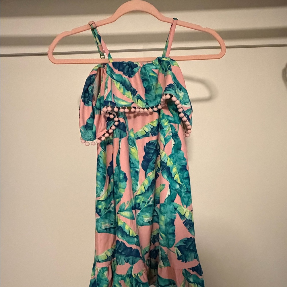 💕🌴Cabana Life “Preppy Palm” Girls Off-the-Shoulder Dress